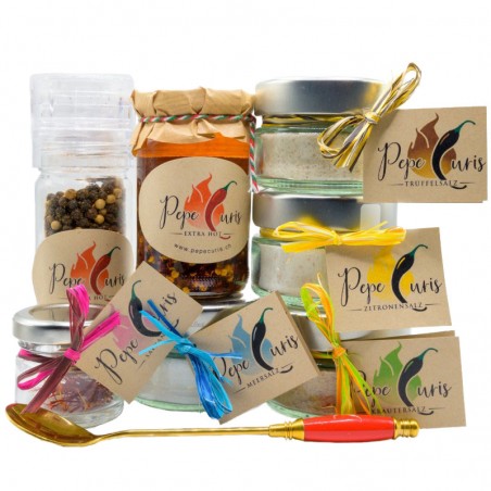 Geschenkset PepeCuris : Chili, Safran & 4 Gourmet-Salzspezialitäten