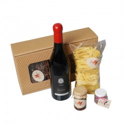 Ensemble cadeau "Romantico" : 1x vin rouge Inaco ou Montessu, piments dans l'huile, cuillère "ROSSO", linguine, épices de sa