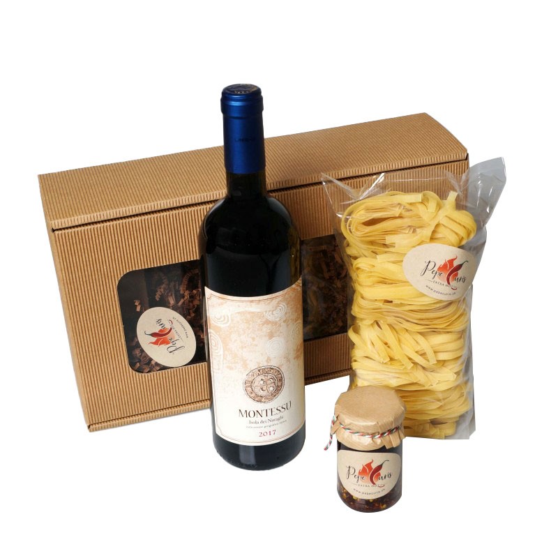 Coffret cadeau "Wine & Dine" : 1 bouteille de vin rouge Inaco ou Montessu 0,75l, Peperoncini dans l'huile 110ml, Tagliatelle 400