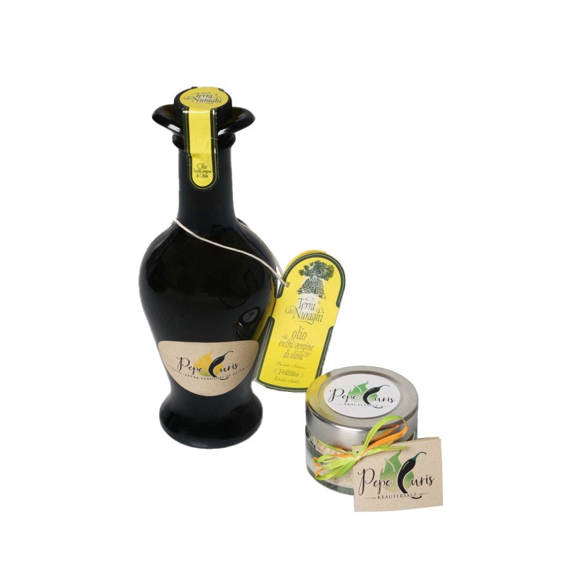 Coffret cadeau "Buono" - Huile d'olive de 250 ml et sel aux herbes de 80 ml - À offrir dès maintenant. Coffret cadeau "Buono" - Huile d'olive de 250 ml et sel aux herbes de 80 ml - À offrir dès maintenant.